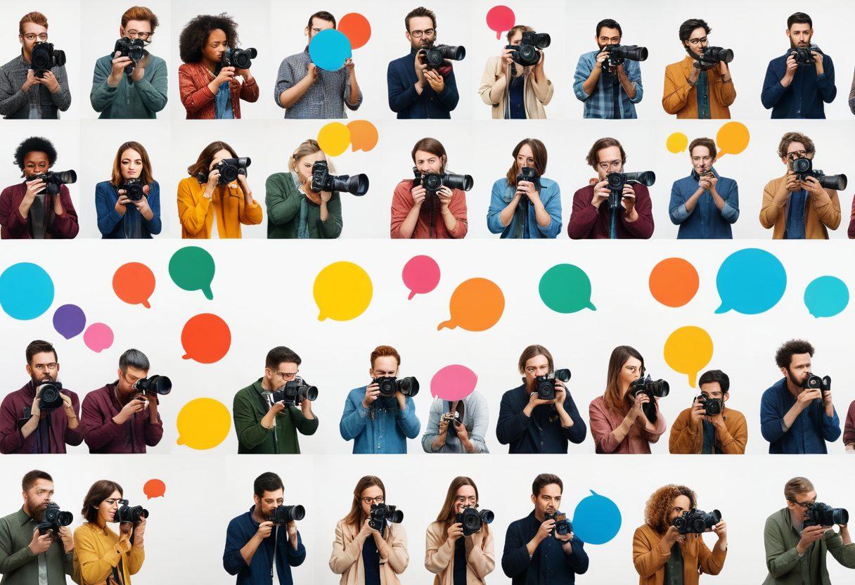 An artistic collage illustrating diverse photographers in a vibrant digital space, capturing stunning shots with their cameras. Showcase different photography styles, including nature, portrait, and urban scenes, surrounded by colorful virtual chat bubbles symbolizing community interactions. Include elements like filters and editing tools floating around them to suggest creativity. Super-realistic. Vibrant colors. White background.